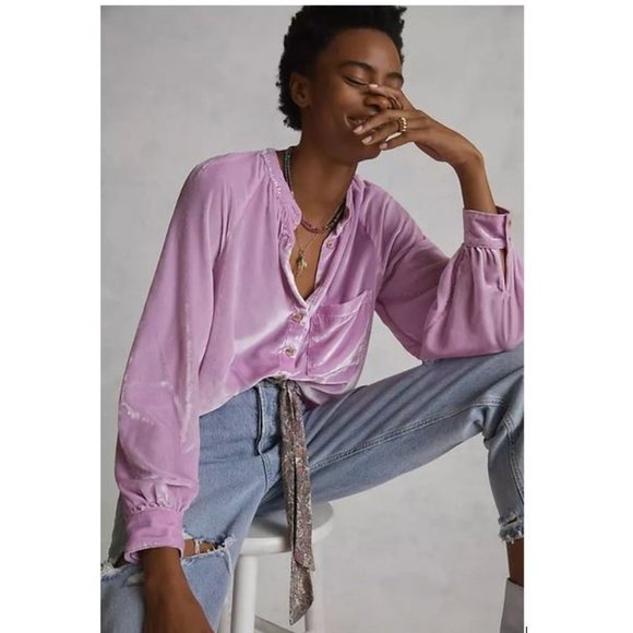 Pilcro Puff-Sleeved Velvet Buttondown in Pink from Anthropologie - Size L - NWT - Picture 1 of 5